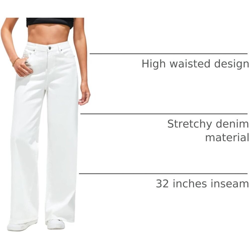Women’s Wide Leg High Waisted Stretch Denim Jeans Pockets Casual Pants - Picture 4 of 6